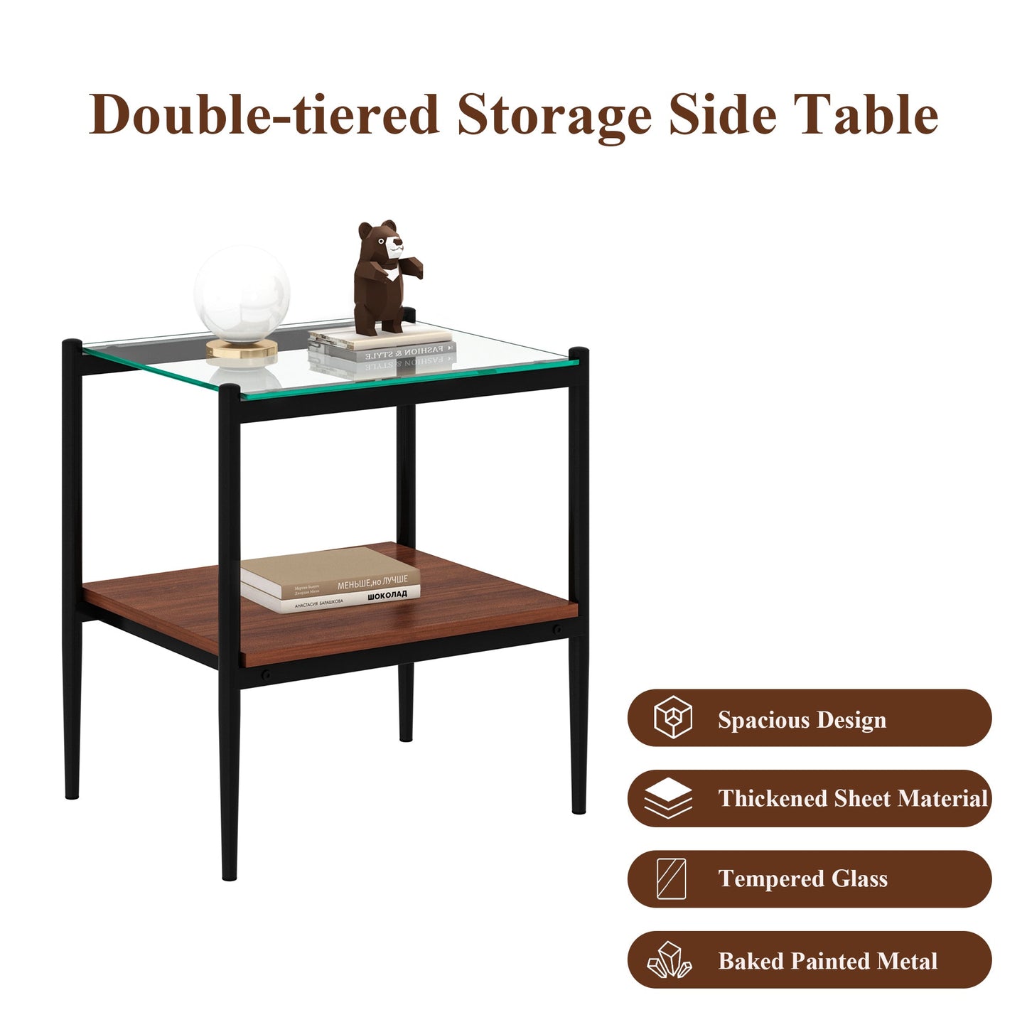 Set of 2 Rectangle End Table with Tempered Glass Top