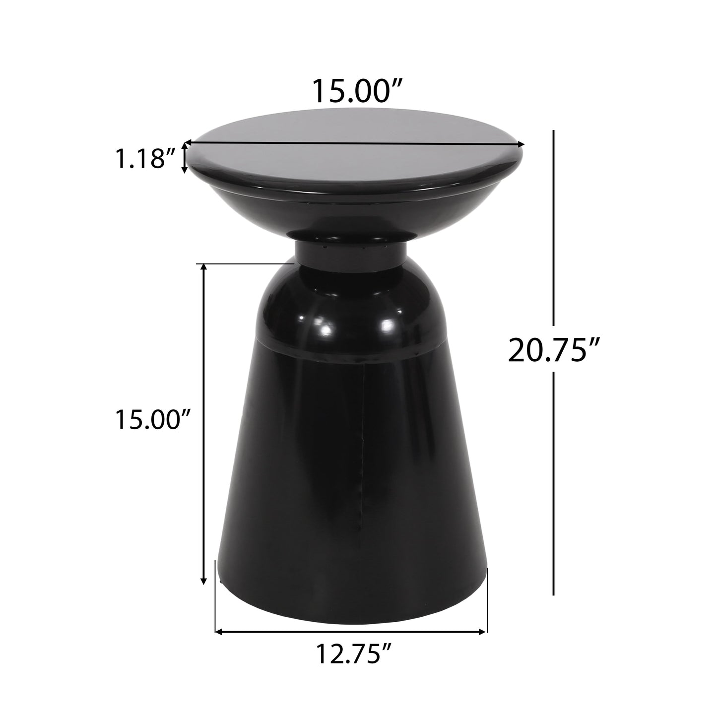 Modern Outdoor Metal End Table with Pedestal Structure in Black Iron, 15x15x20.75 Inches