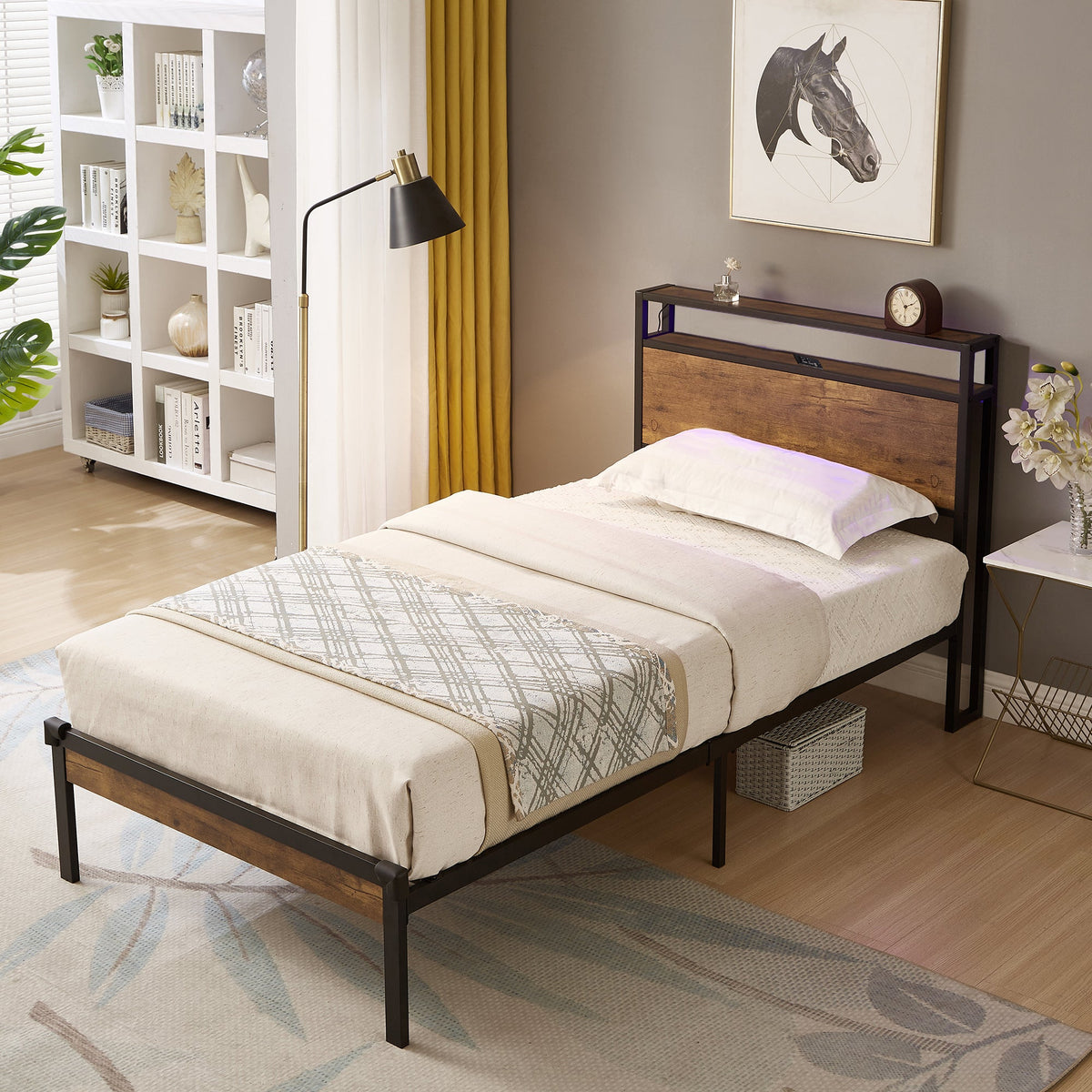 Twin Size Metal Platform Bed Frame with Wooden Headboard