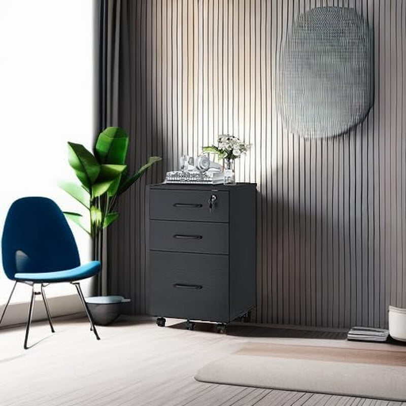 3 Drawer Wood Mobile File Cabinet With Wheels Black Under Desk Office Storage For Home Office Use