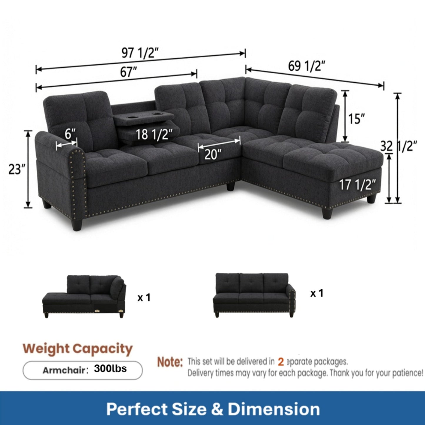 69.5" x 97.5" L-Shaped 2 Pieces Sectional Sofa