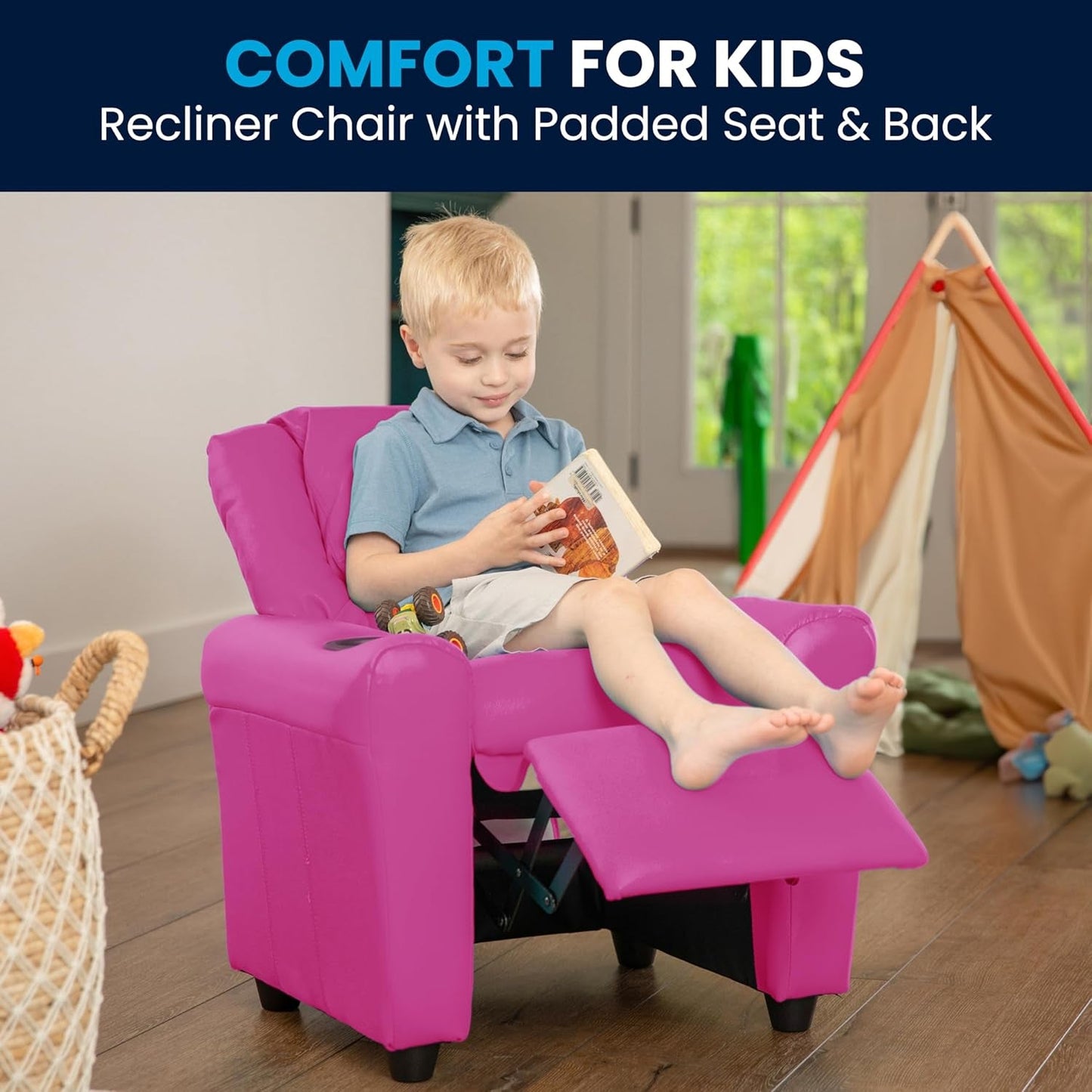 Hot Pink Kids Recliner With Cup Holder Compact Design