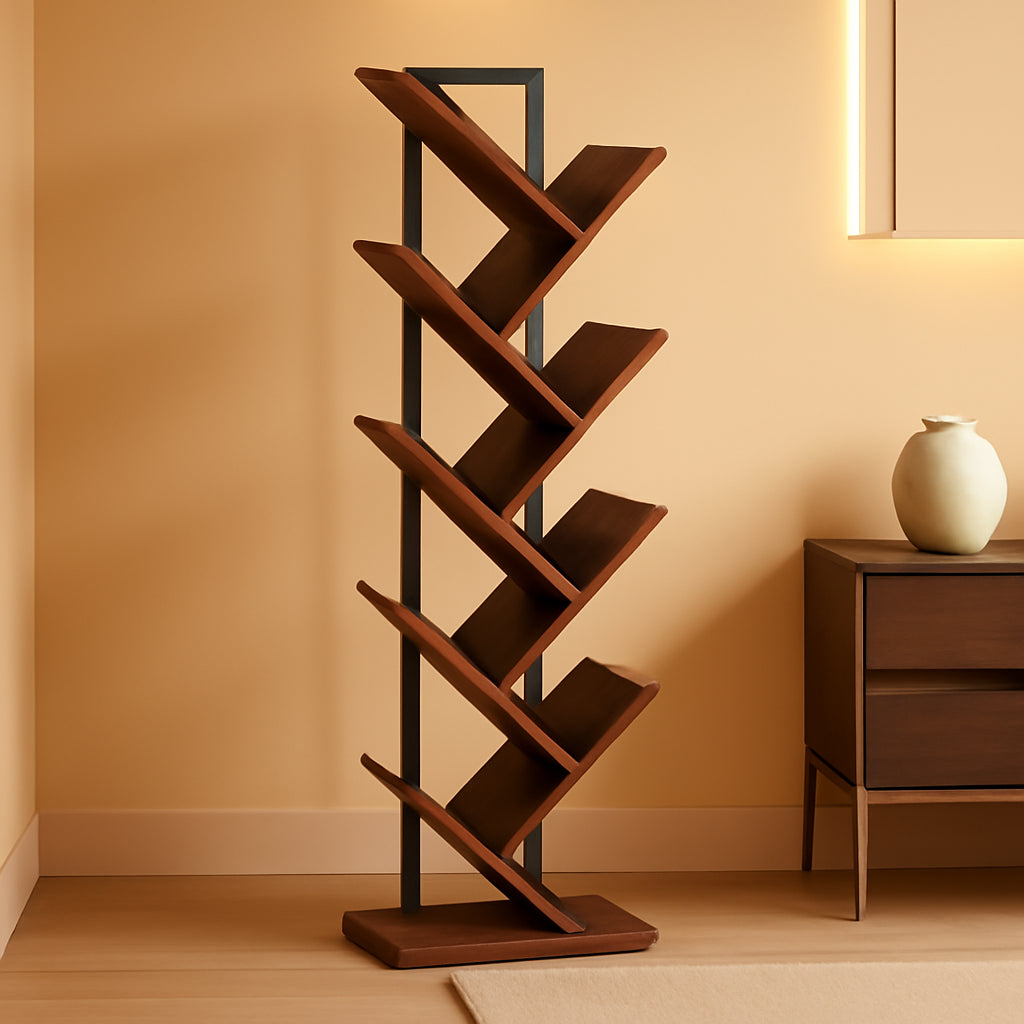 Tree Bookshelf 9 Tier Rustic Brown Living Room Bookcase