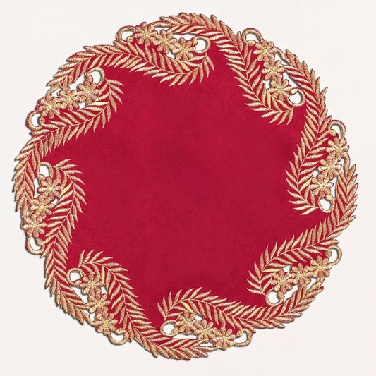 Burgundy Gold Doilies – Rustic Table Doilies | Embroidered Polyester Table Decor 15 Inch