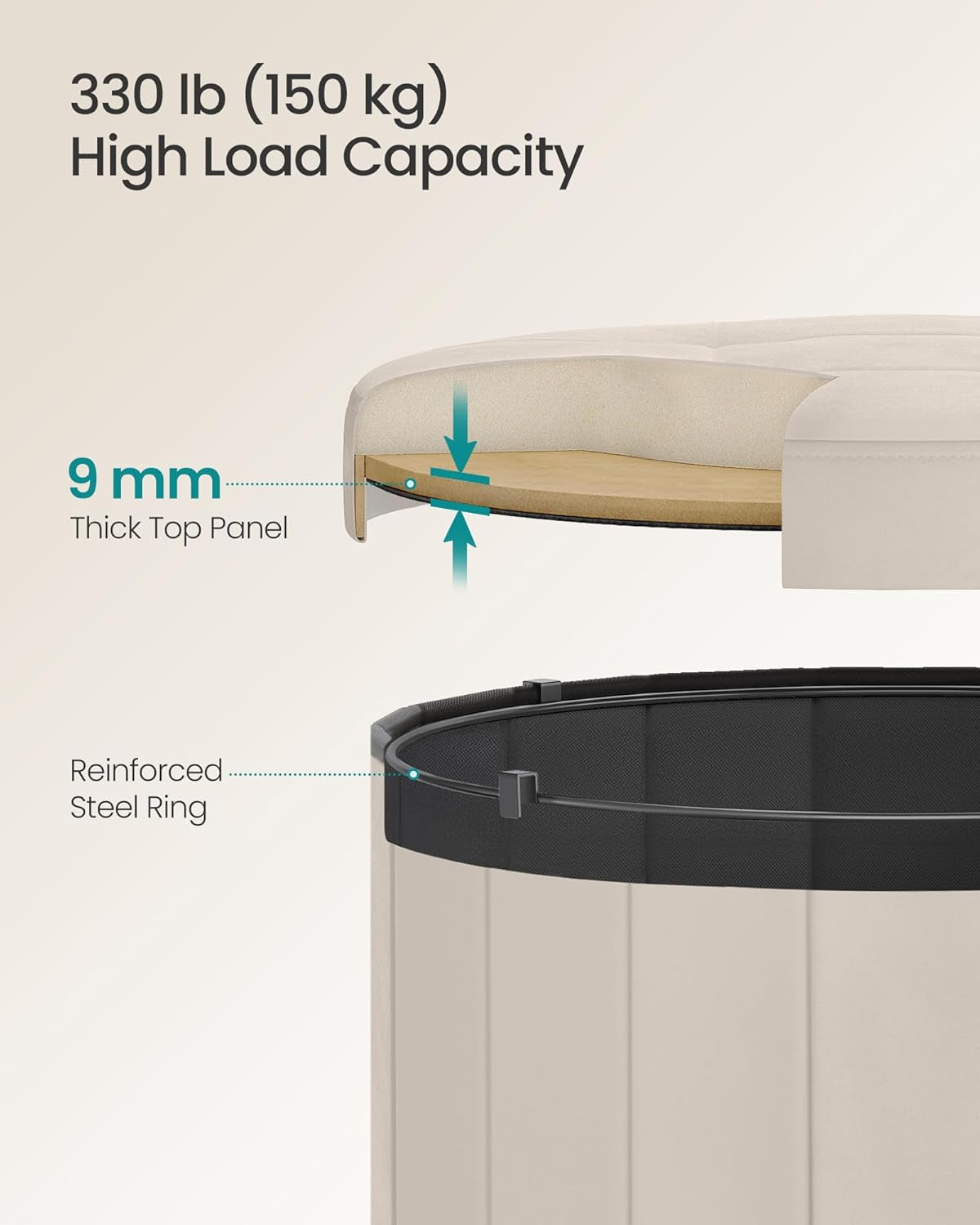 Round Folding Storage Ottoman Cappuccino Beige Velvet