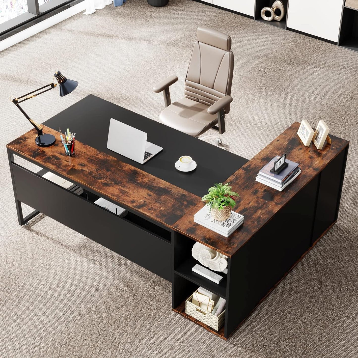 71 Inch L Shaped Executive Desk Brown And Black Office