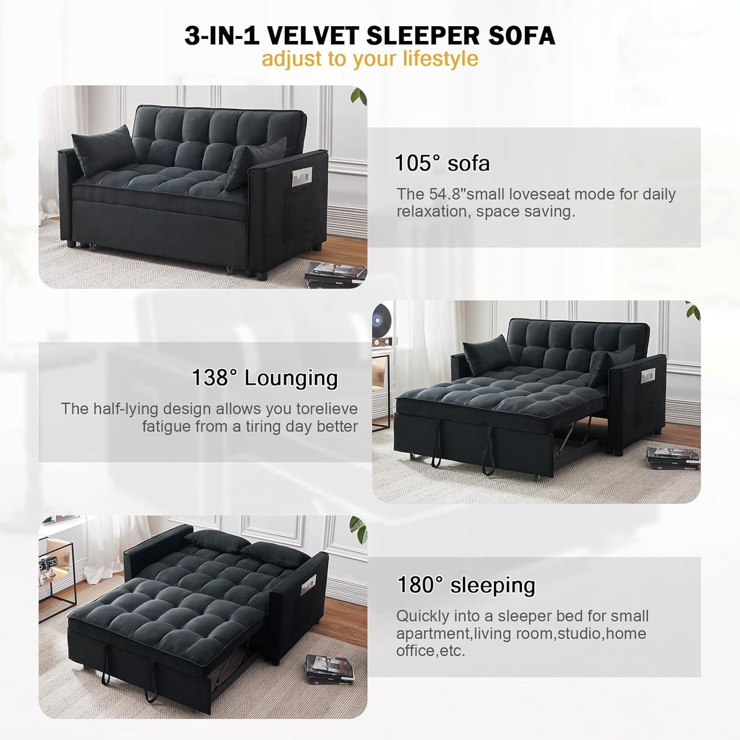 Black Velvet Sleeper Sofa With Adjustable Backrest