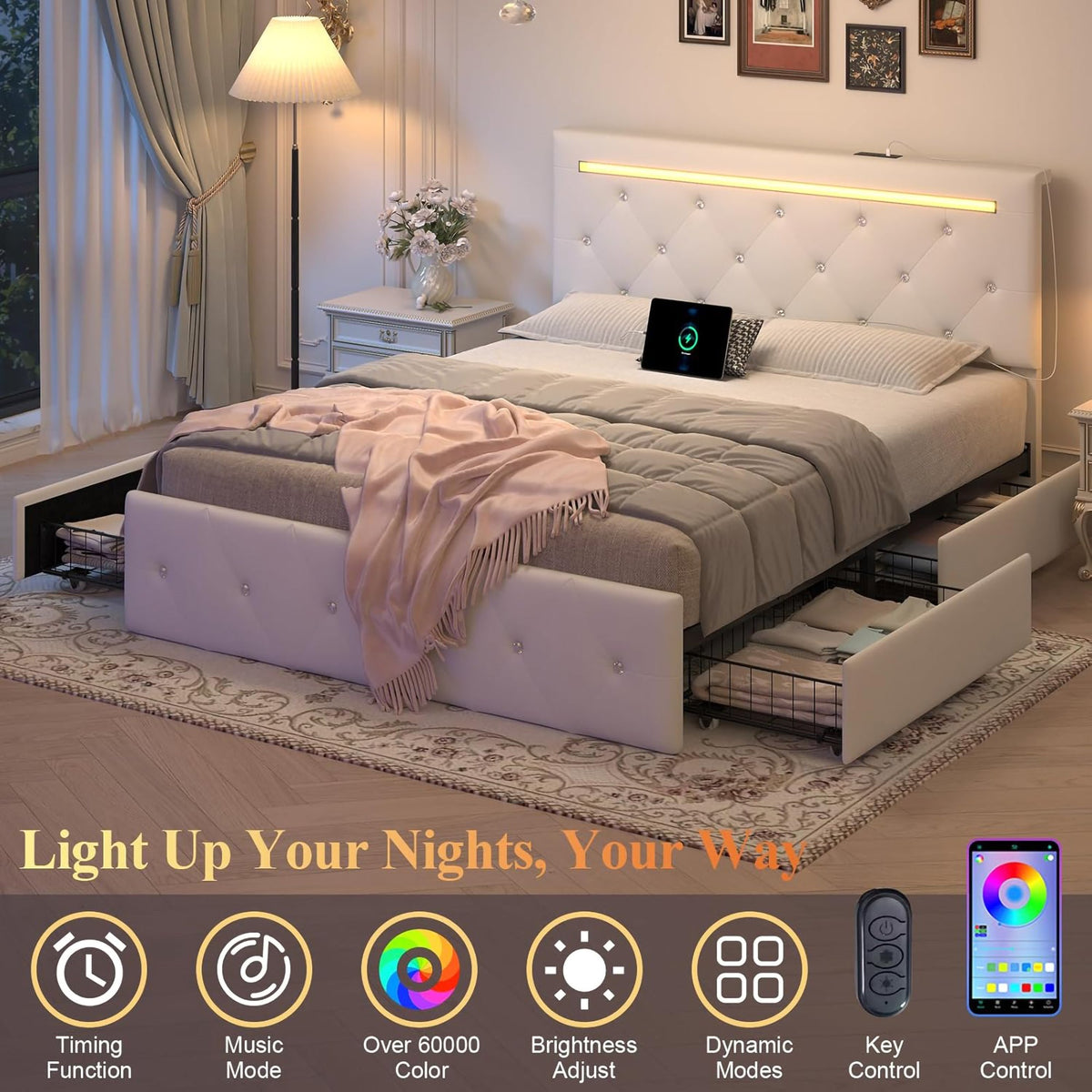 Queen Size Bed Frame with LED Light and 4 Storage Drawers