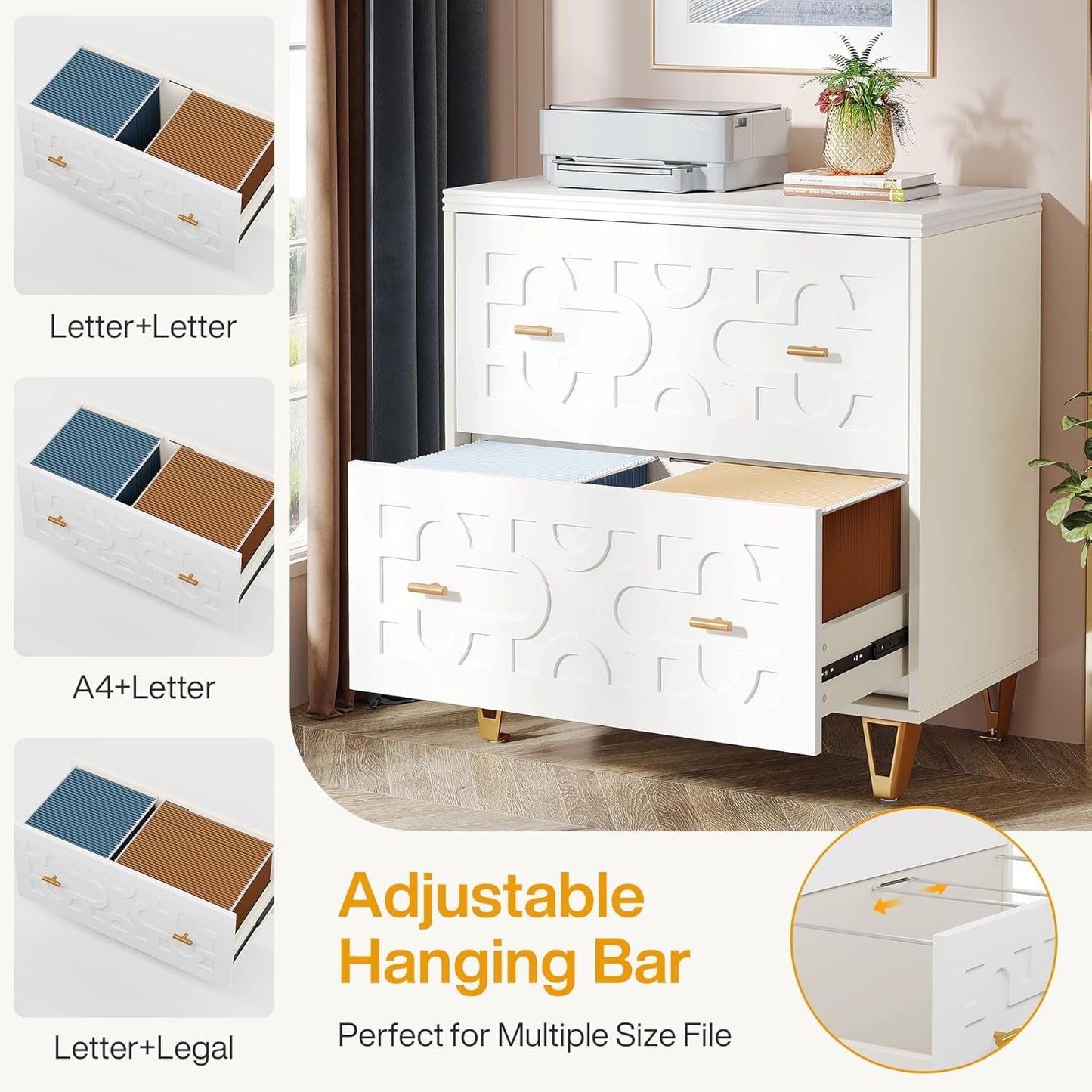 Two Drawer Lateral File Cabinet White And Gold For Legal Letter A4 Files Printer Stand Home Office