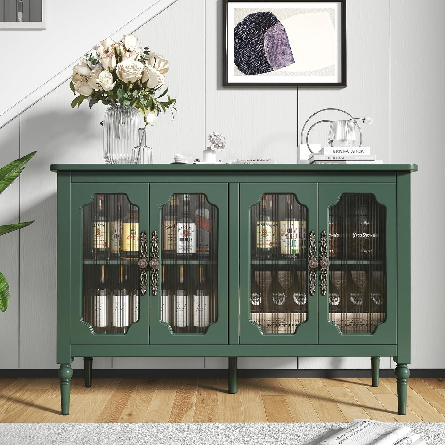 Vintage Green Glass Doors Buffet Sideboard Storage 48 Inch
