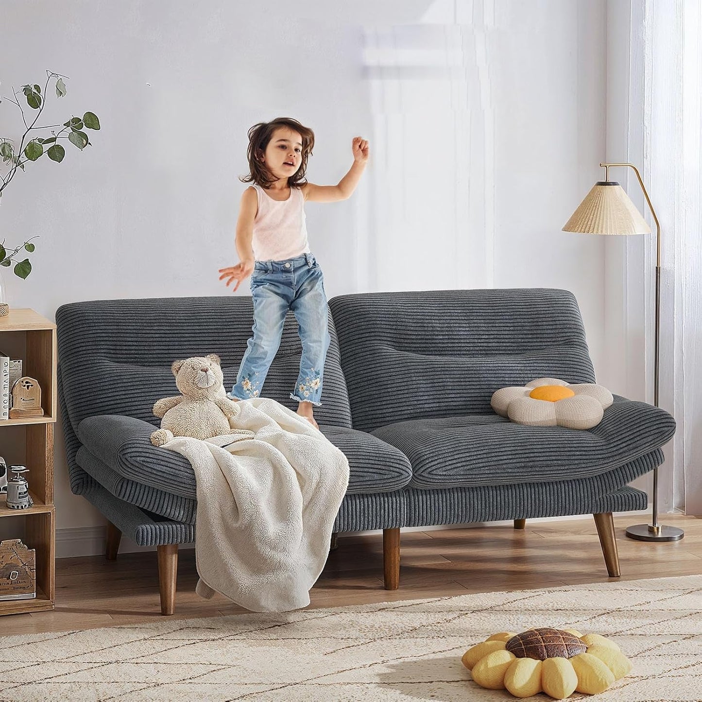Corduroy Grey 73In Adjustable Backrest Futon SofaBed