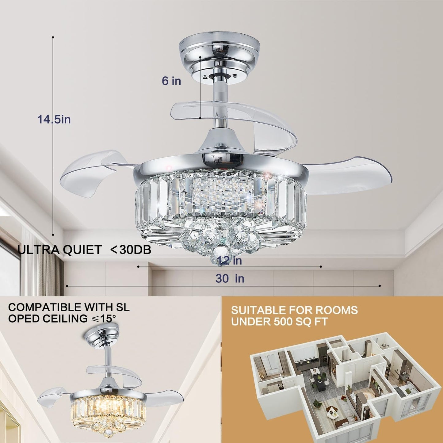 30 Inch Crystal Chandelier Ceiling Fan With Retractable Blades