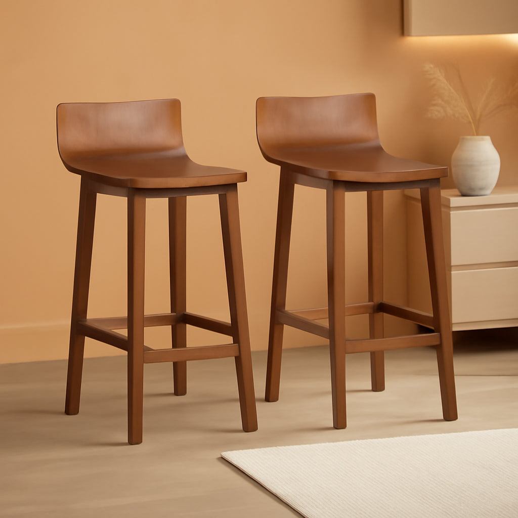 24.5 Inch Counter Height Farmhouse Wooden Bar Stool Set Of 2 With Brown Footrest And Low Back