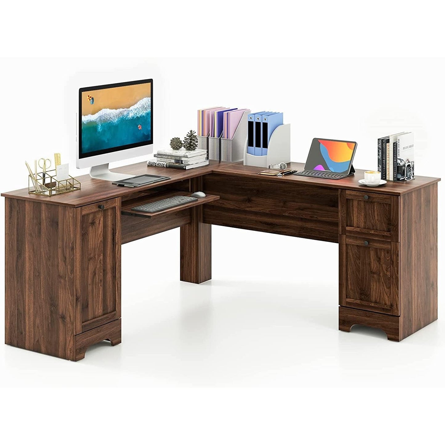L Shaped 57 Inch Desk With Storage And Keyboard Tray