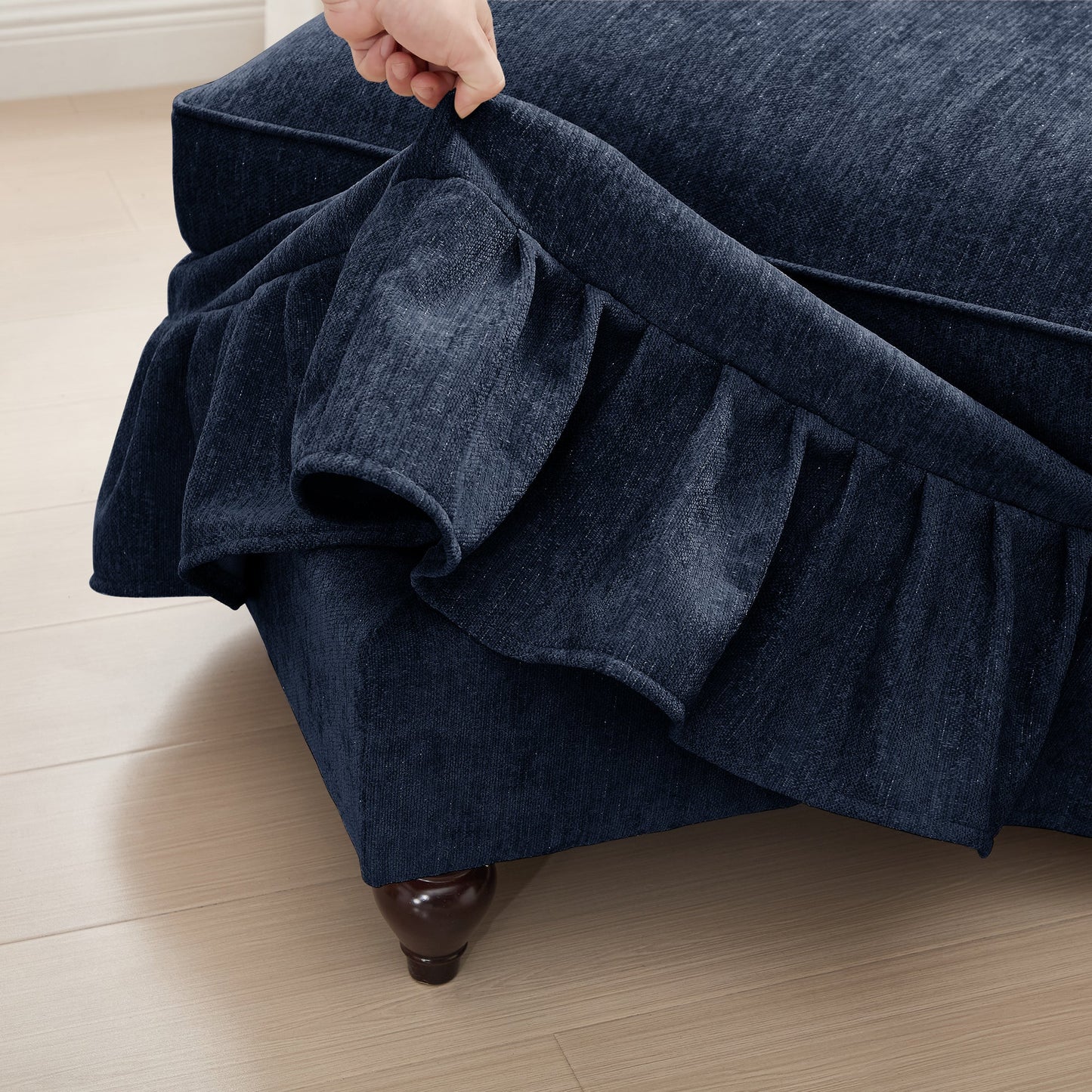 Mid Century Three Seater Modular L Shaped Sectional Couch with Flared Arms and Removable Ruffles Pleats Skirts and Spindle Legs, Comfy Chenille 3-Seat Deep Seat Sofa with Movable Ottoman,Blue