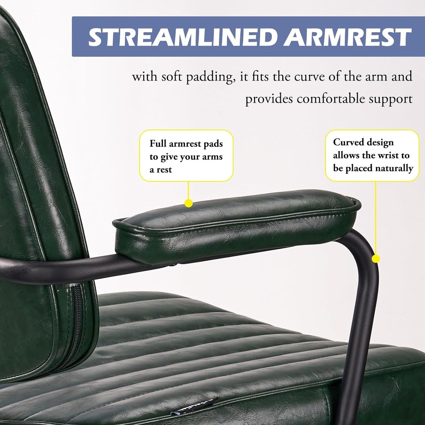 Green Leather Mid Century Office Chair With Wheels And Arms