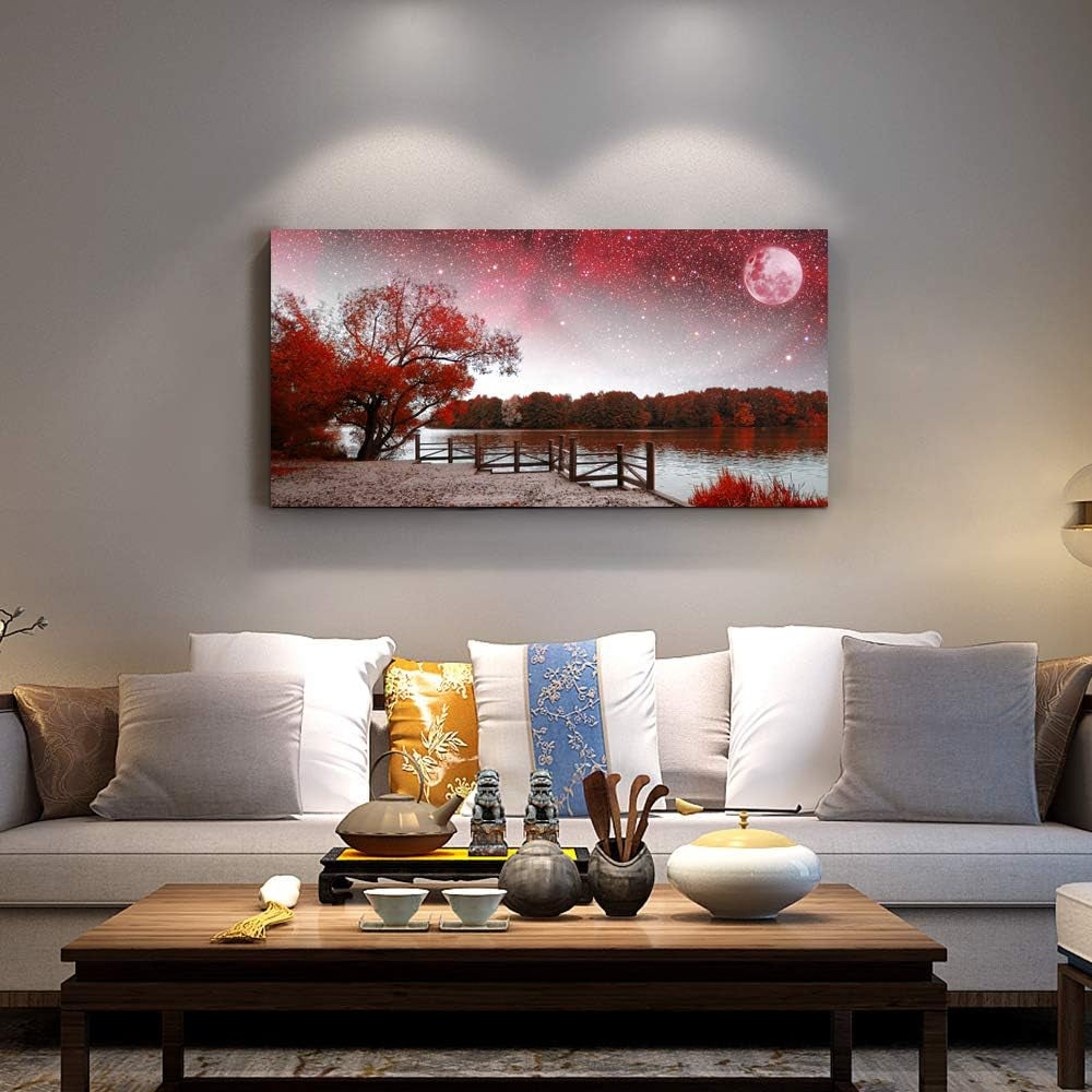 Stunning Red Tree and Moon Canvas Art - Exquisite Starry Sky Landscape Poster for Living Room & Bedroom Decor - Ready to Hang Wall Art for Your Home or Office