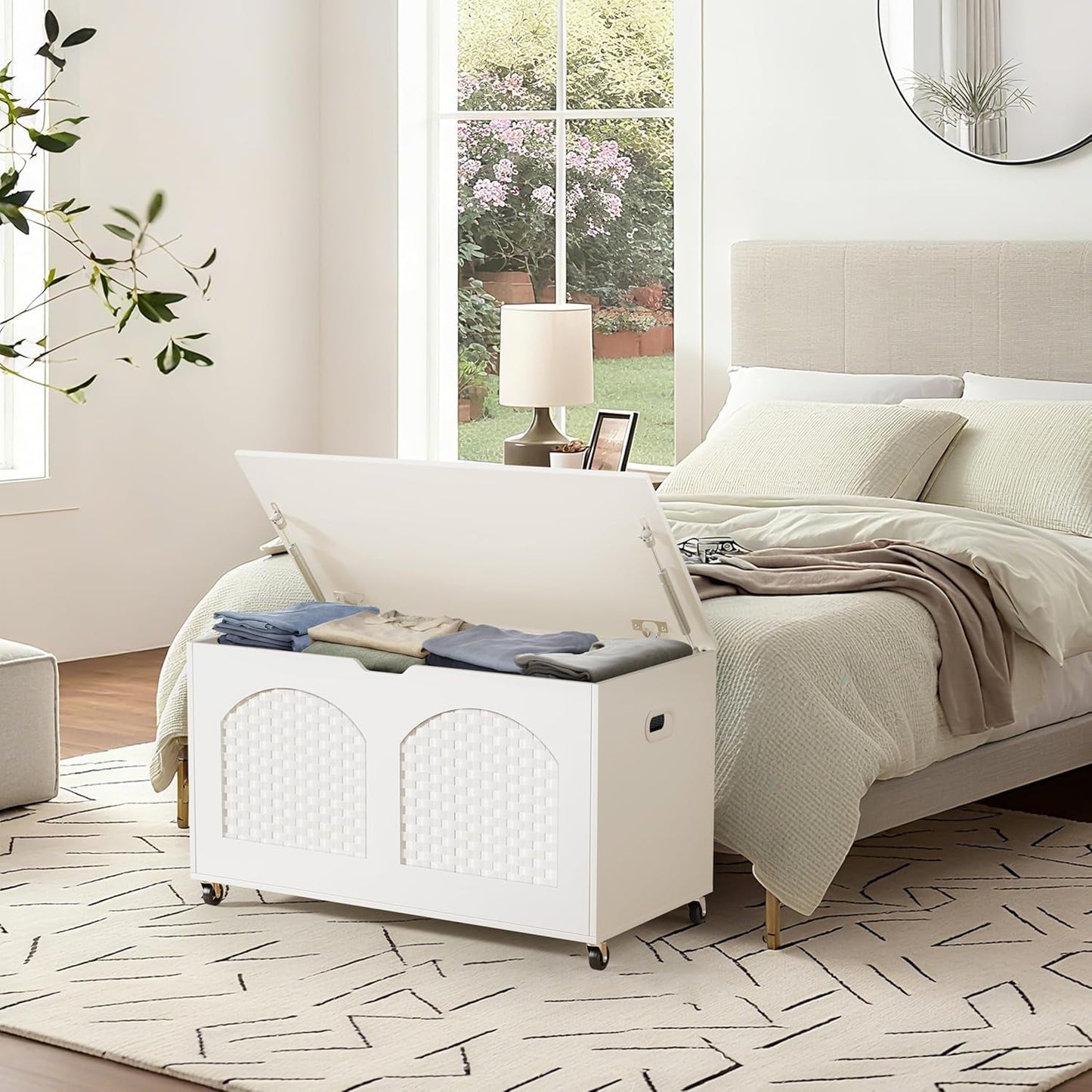 White Wooden Storage Bench On Wheels