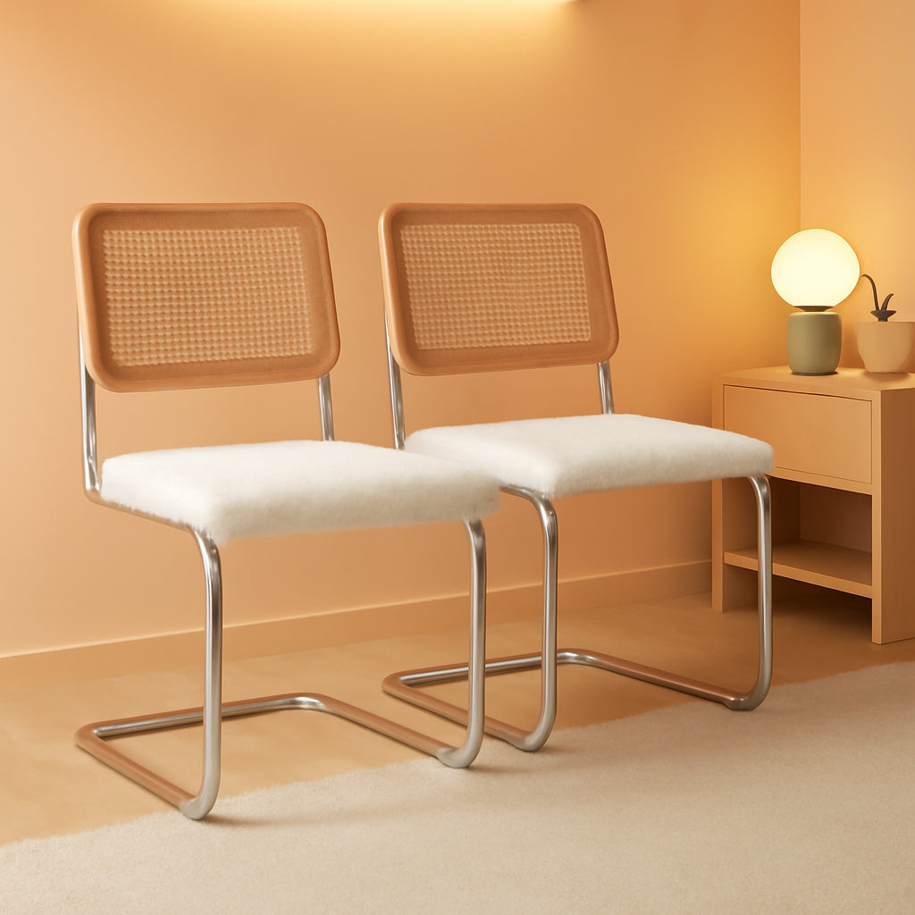 Modern Cesca Cane Dining Chairs With White Boucle Seat
