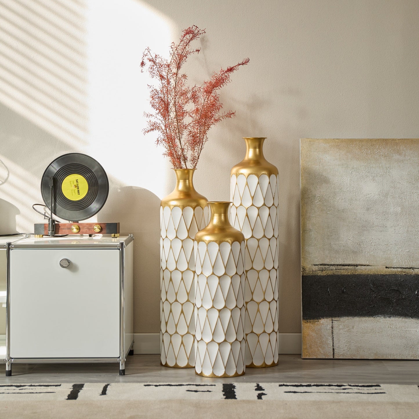 Floor Metal Vase Modern Style Decoration Home Droplet Shaped White Metal Vase 3-piece Set Gorgeous Home Decoration Large Glazed Metal Vase