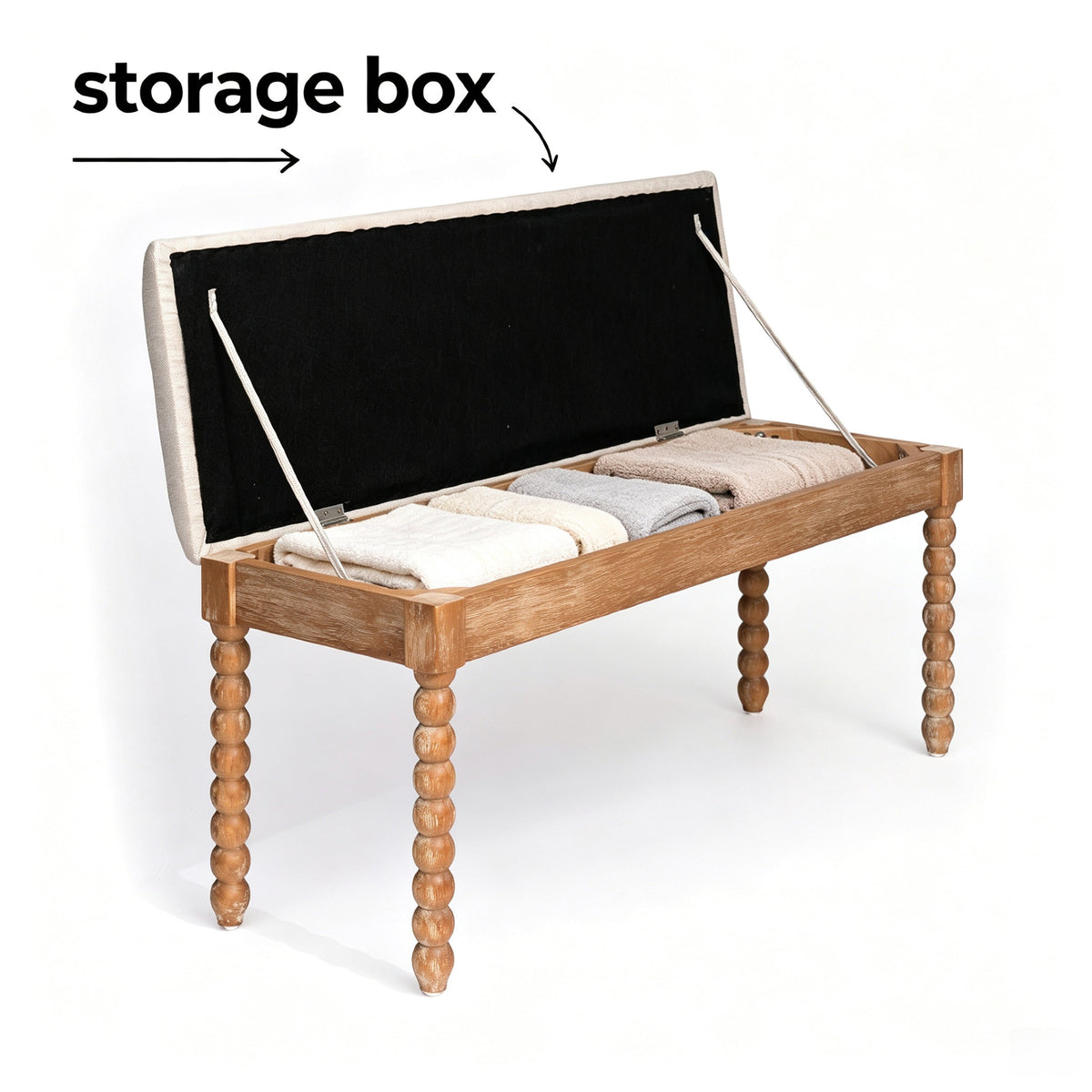 Farmhouse Wooden Storage Bench with Soft Cushion – Turned Spindle Legs