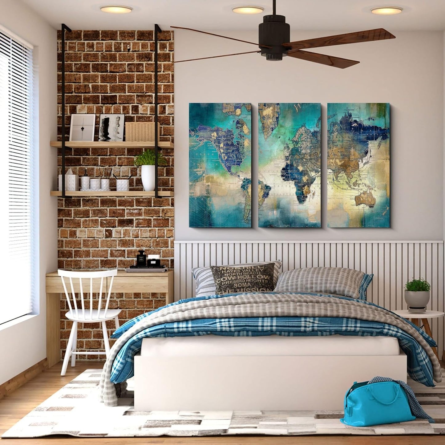 Stunning  World Map Canvas Wall Art - 3 Piece Set for Living Room, Bedroom, and Office - 16"x32" Large Decor