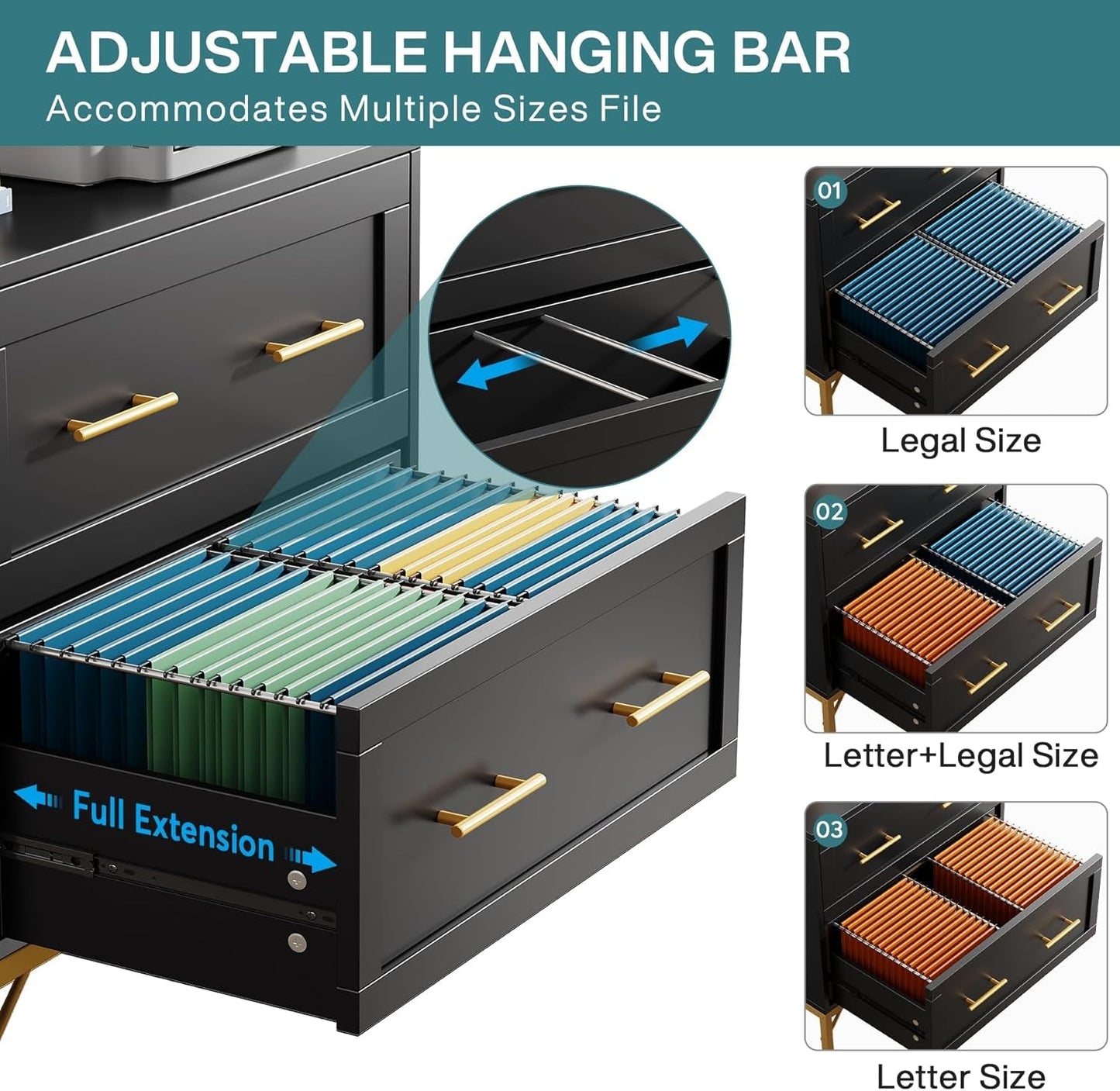 Black Gold 2 Drawer Lateral File Cabinet For Home Office