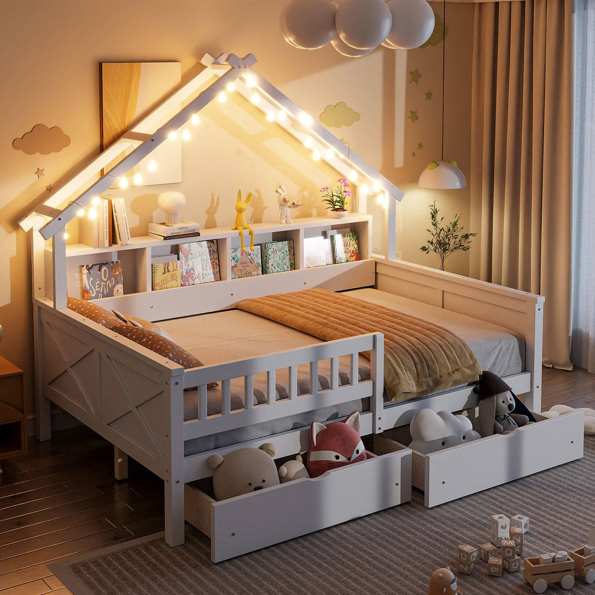 Wood Full Size House Platform Bed with LED, Storage Shelves, Drawers and Guardrail