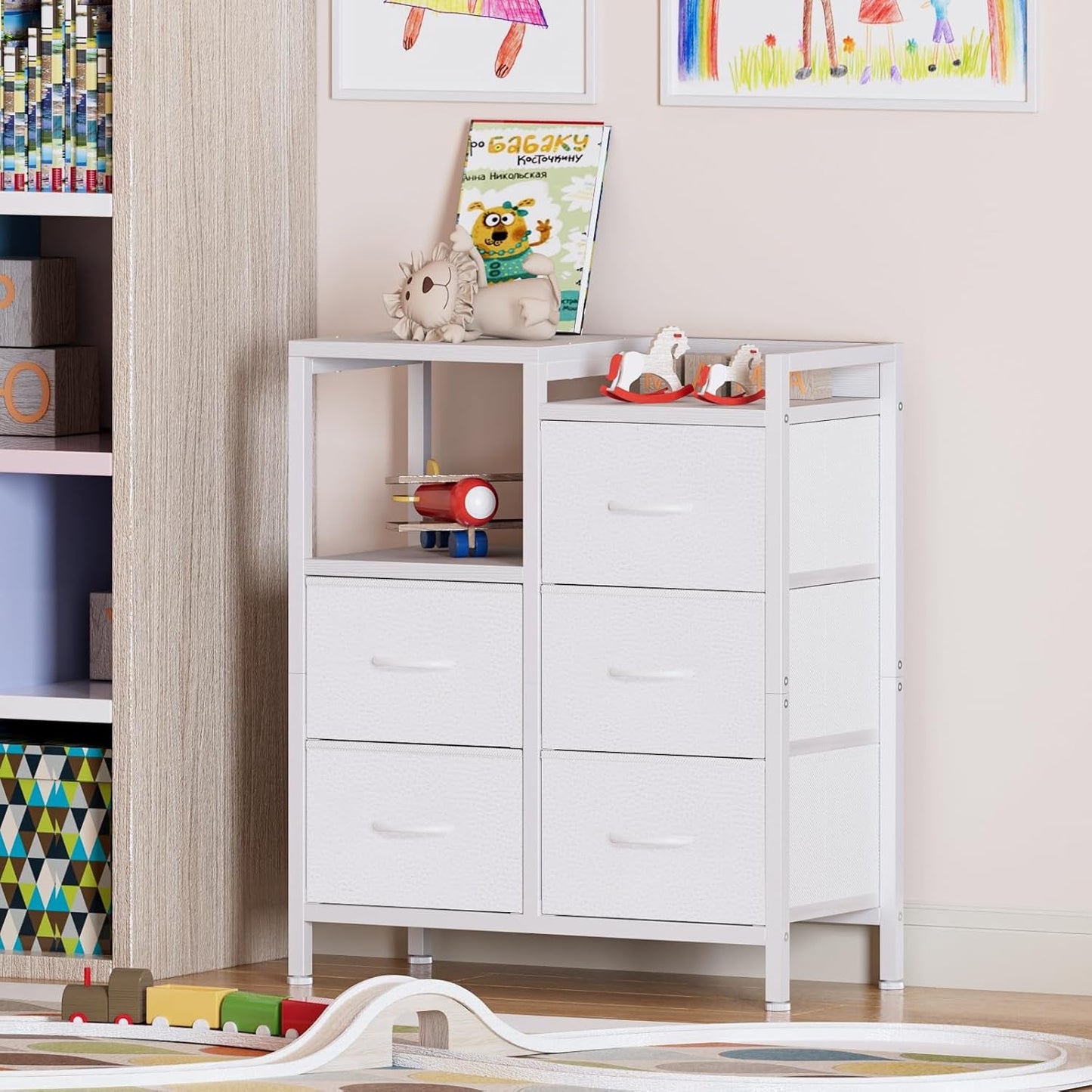 White 5 Drawer Dresser With Metal Frame Bedroom Storage
