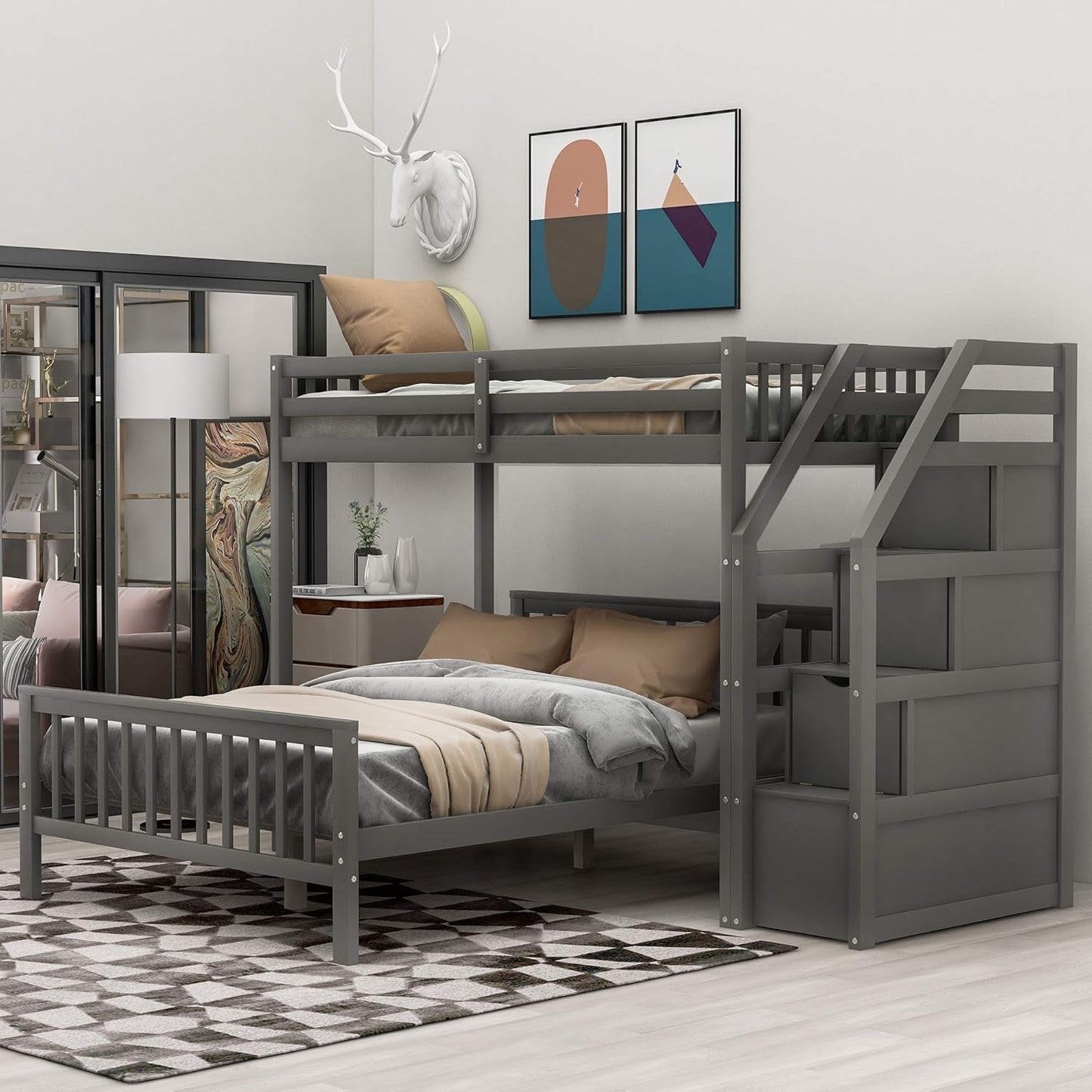 Gray Twin Over Full Bunk Bed With Storage Stairs Solid Wood