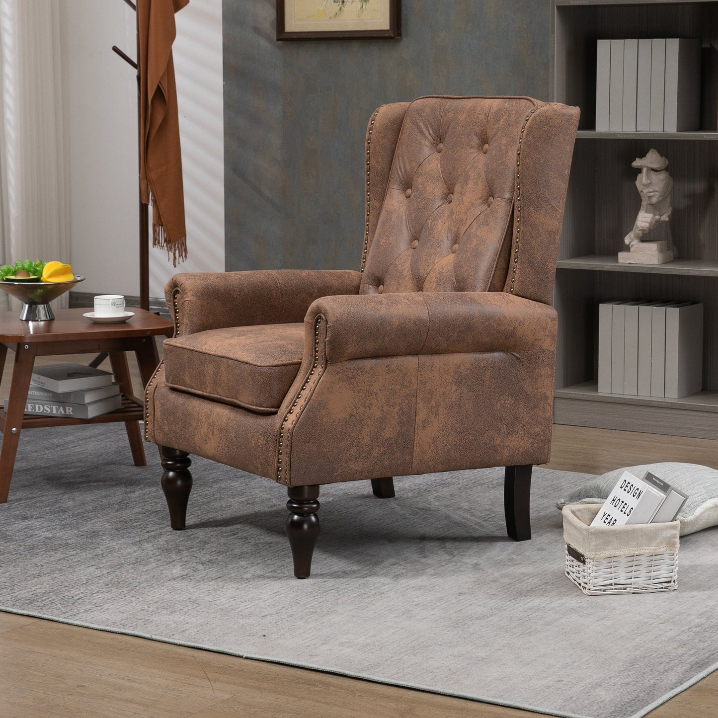 Modern Coffee Wood Frame Armchair with Microsuede Upholstery