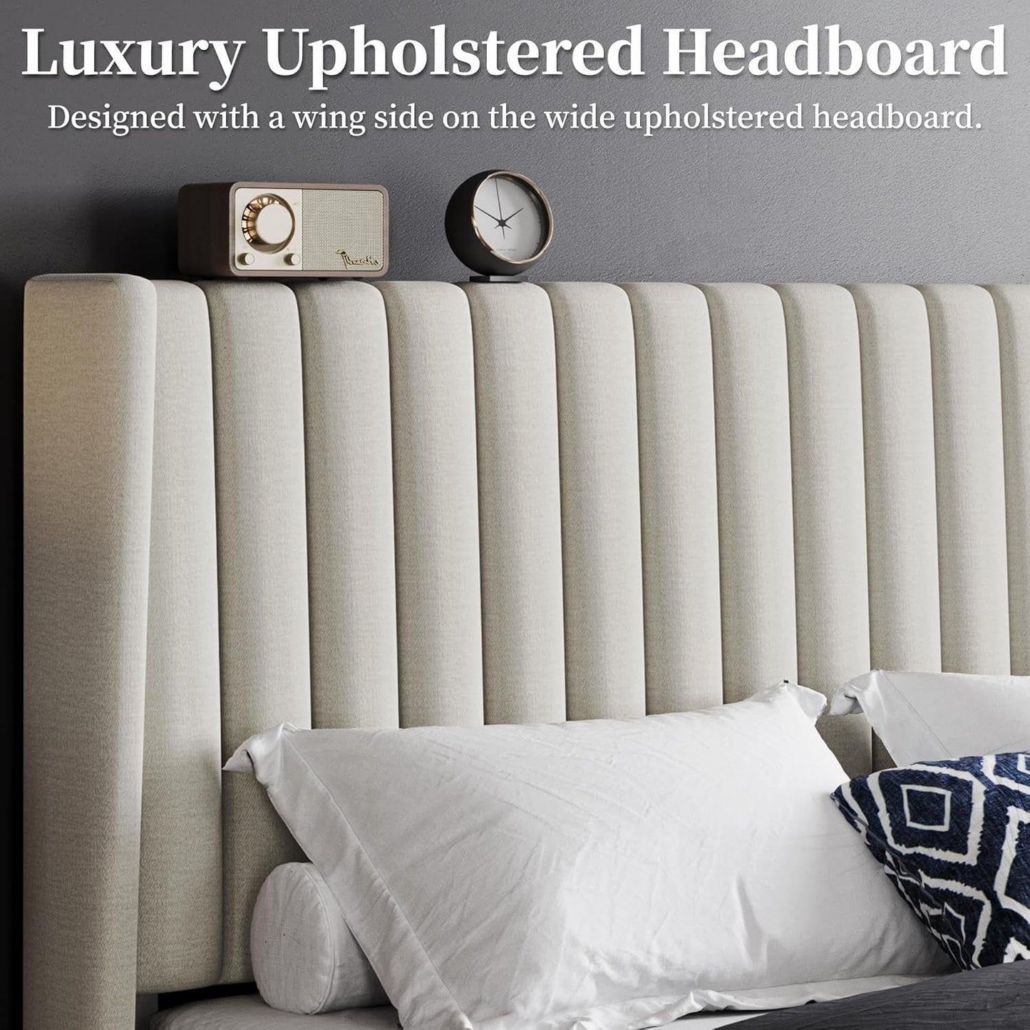 Queen Upholstered Platform Bed With Beige Headboard