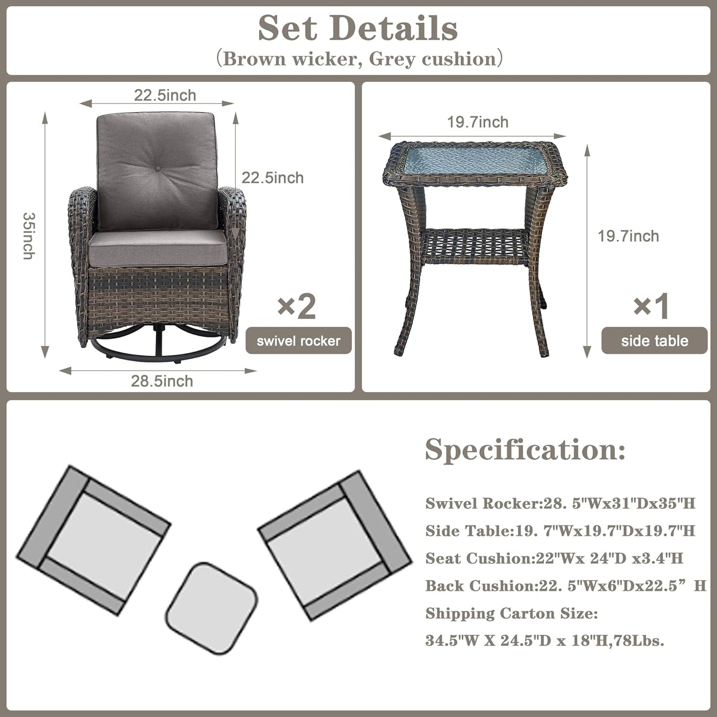 Brown Wicker Swivel Patio Set 2 Chairs Glass Table