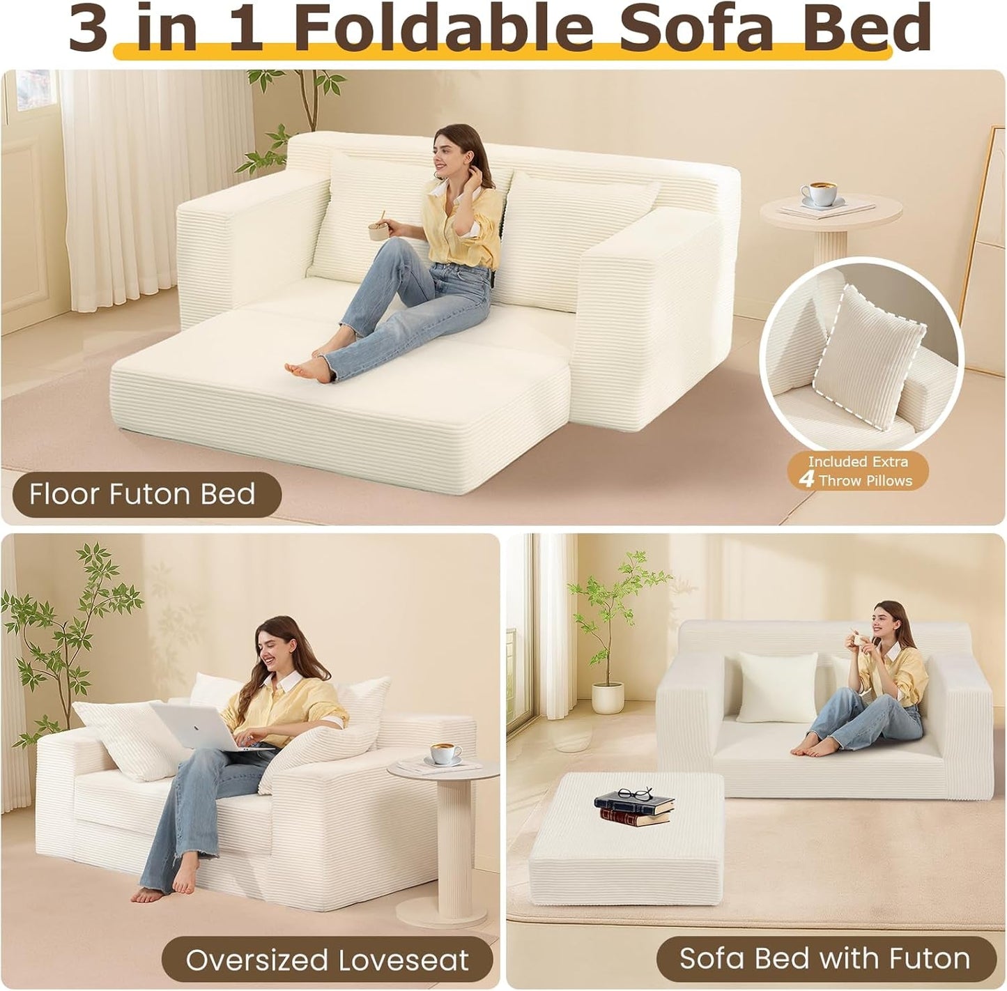 Corduroy Convertible Sofa Bed Three In One BeigeTone Sleeper