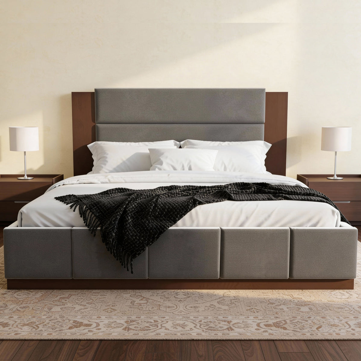 Upholstered Platform Bed Frame with Extended Wood Headboard
