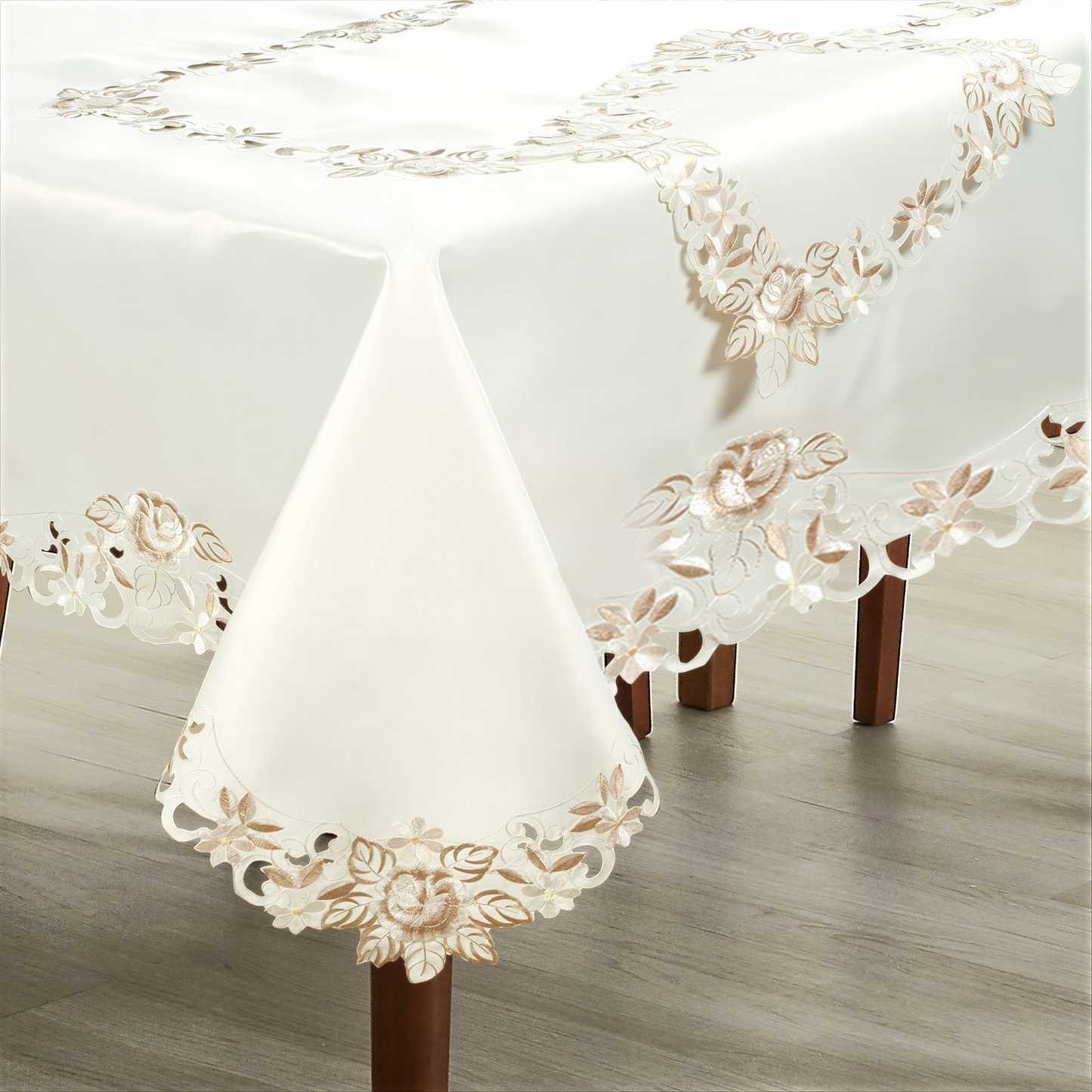 European Embroidered Table Topper – Rustic Cream Polyester Fabric Table Cover