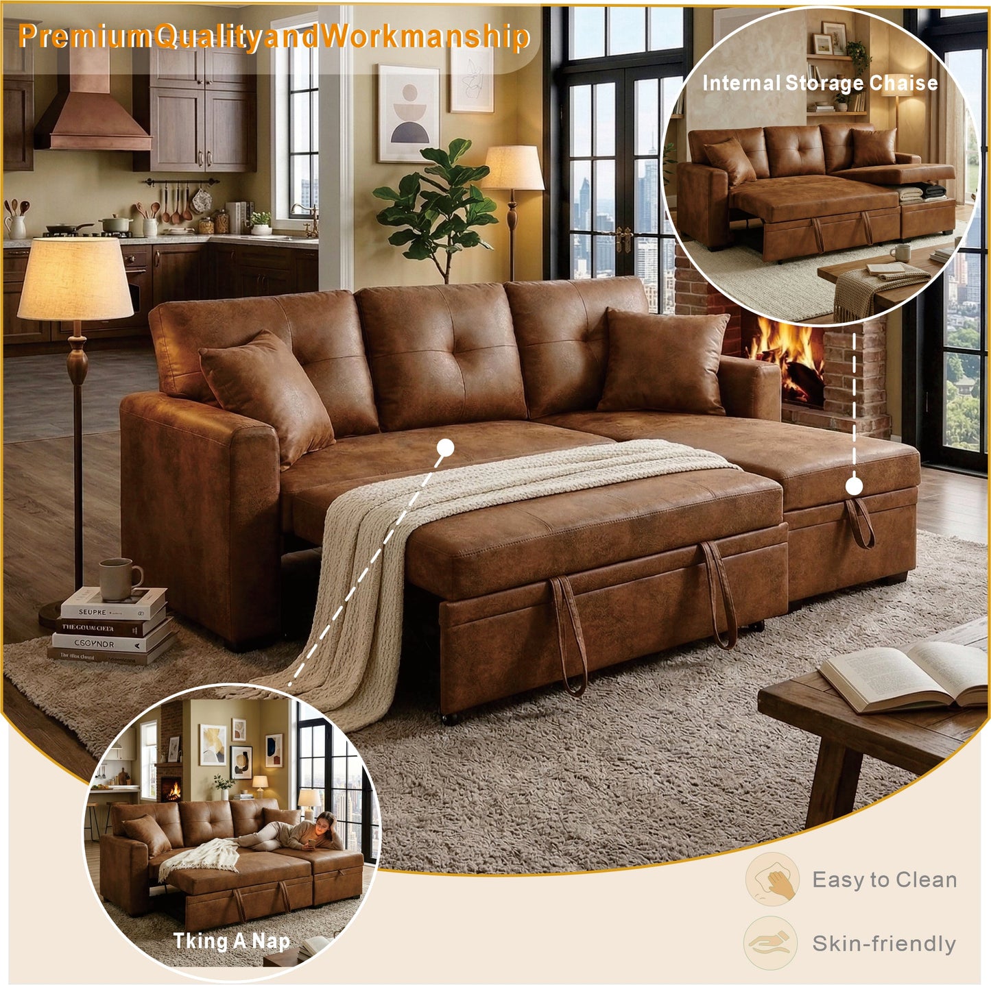 Sleeper Sofa with Reversible Chaise and Storage