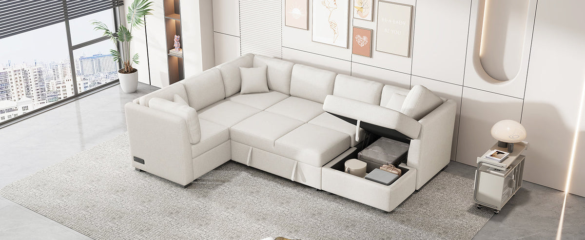 108.6" U-Shaped Sectional Sofa Pull-Out Bed with USB Ports