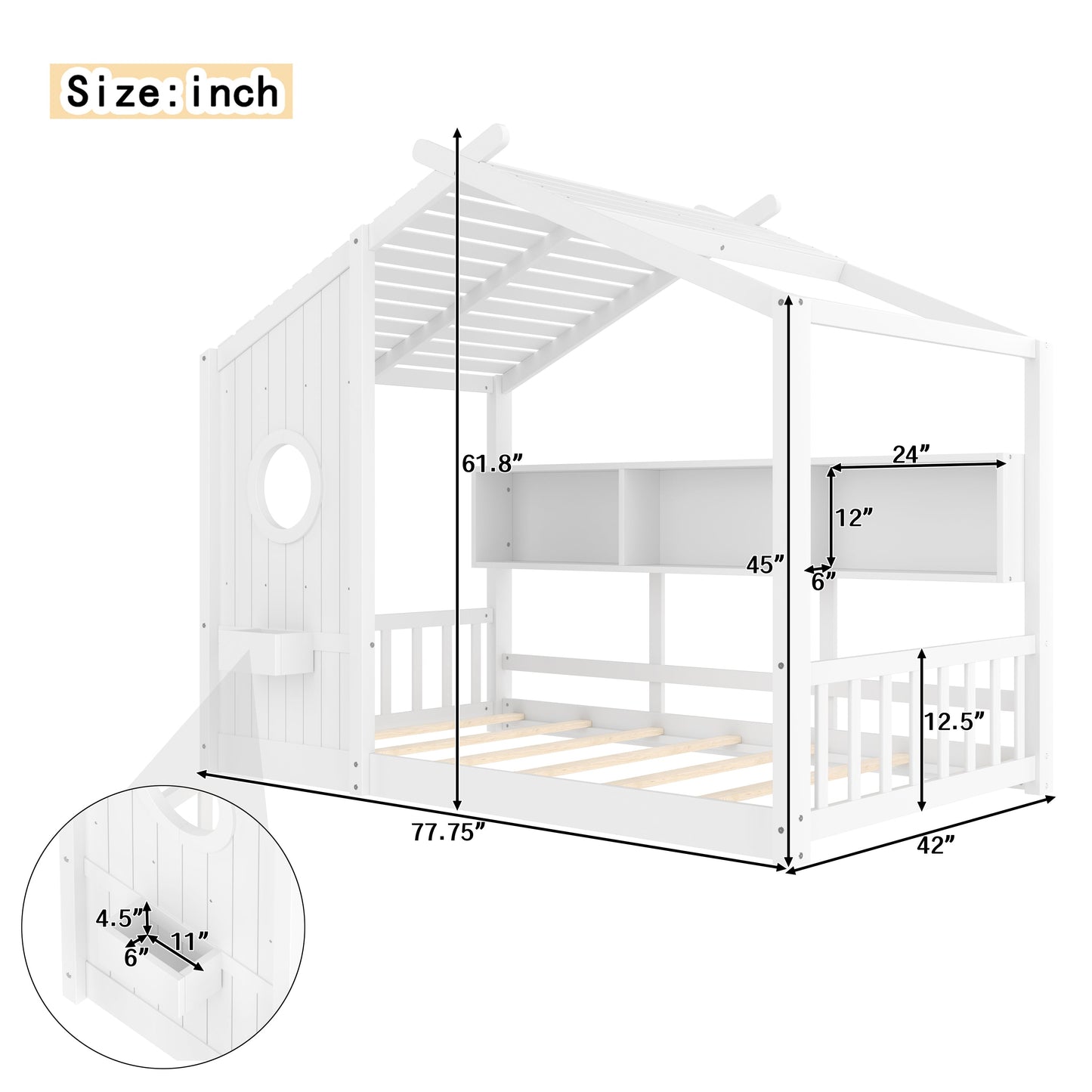 Twin Size Floor House Bed for Toddler, Kids Montessori Bed  with Storage Shelf, Playhouse Bed with Roof Design, White