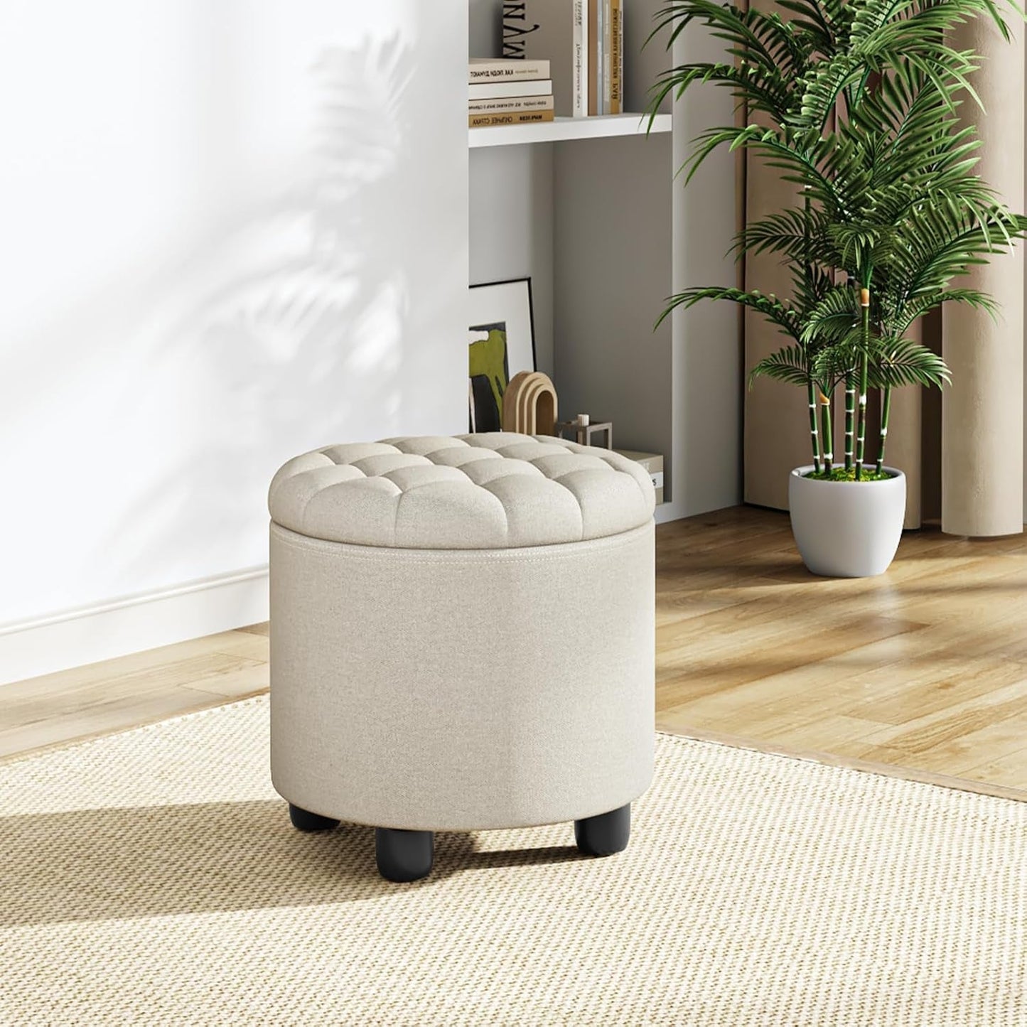Beige Round Storage Ottoman Featuring Removable Lid
