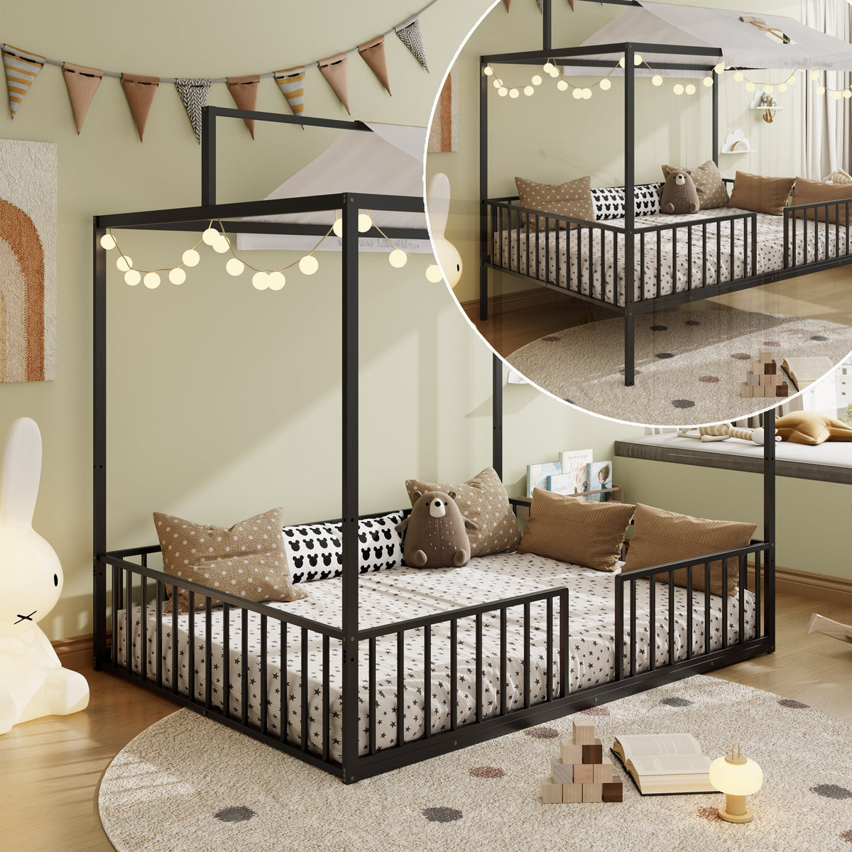 3-in-1 Convertible Montessori Metal Floor Bed