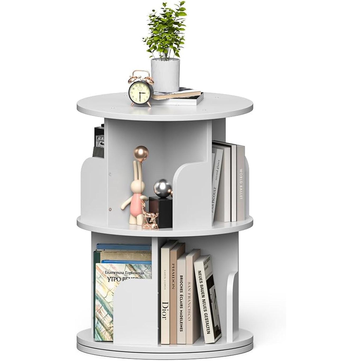 Rotating Bookshelf 2 Tier White Narrow Corner Swivel
