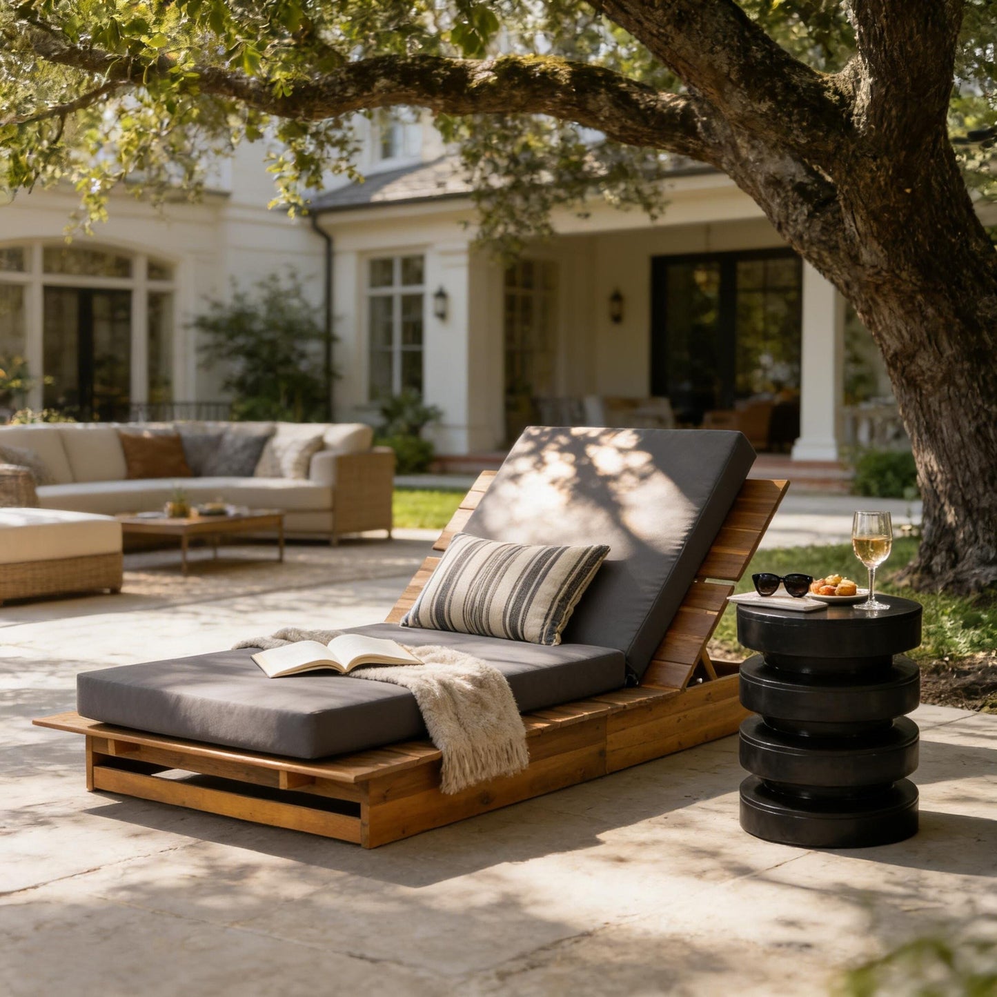 Acacia Wood Chaise Lounge with Movable Cushions