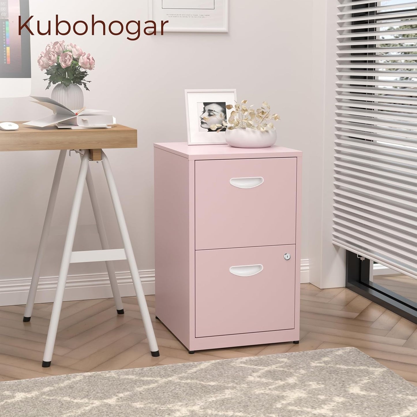 Metal Pink 2 Drawer Locking File Cabinet For Hanging Files Letter A4 Documents Compact