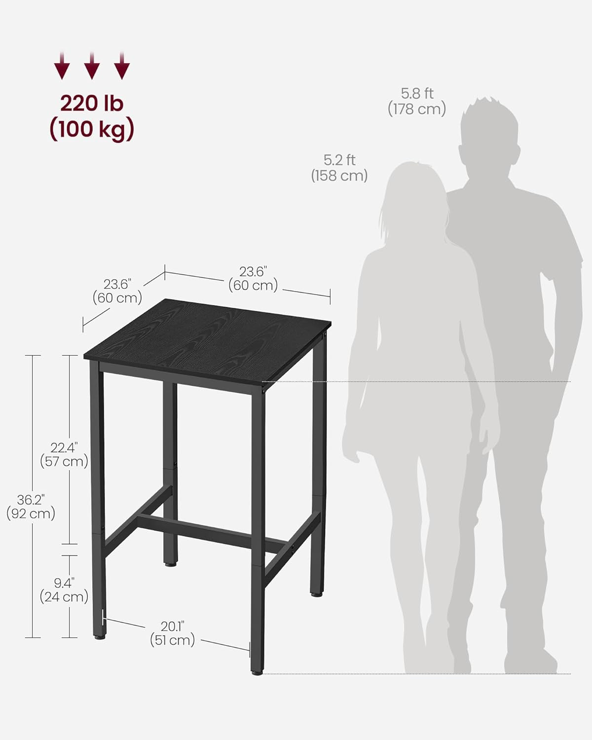 Bar Table 23.6Inch Ebony Black Industrial Grade Durable