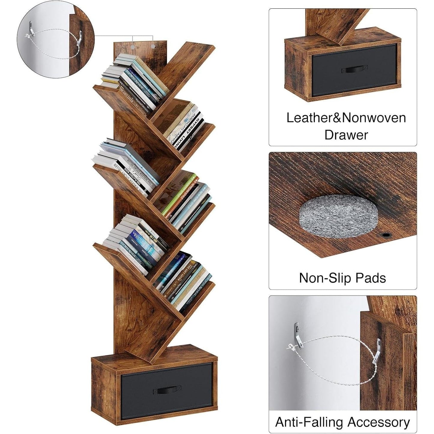 Rustic Brown 7 Shelf Tree Bookshelf With Drawer Living Room