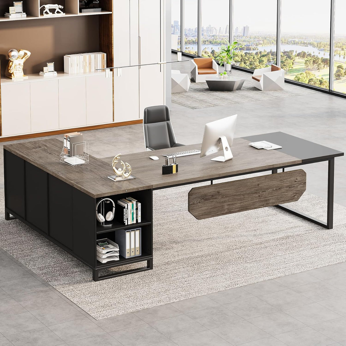70.8" L-Shaped Executive Desk with 55" File Cabinet
