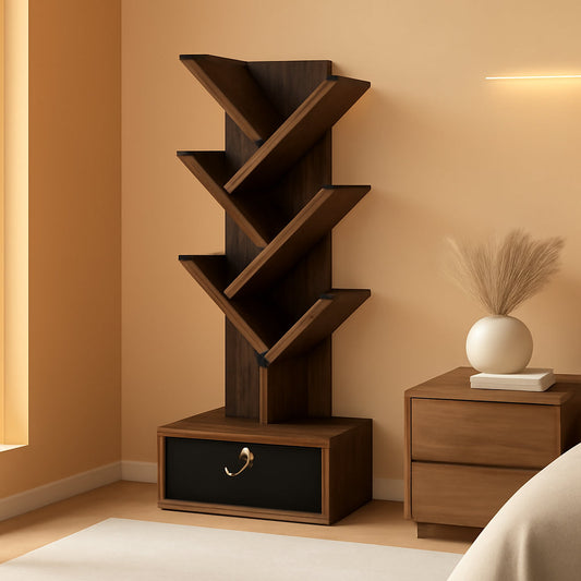 Tree Bookshelf 7 Tier Floor Standing Bookcase Amber Pine Black