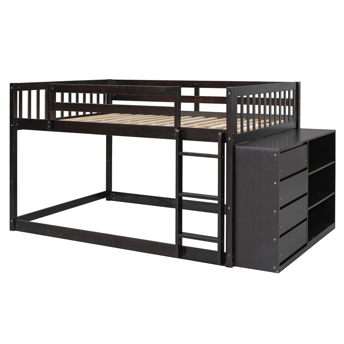 Full Over Full Bunk Bed with 4 Drawers and 3 Shelves - Espresso