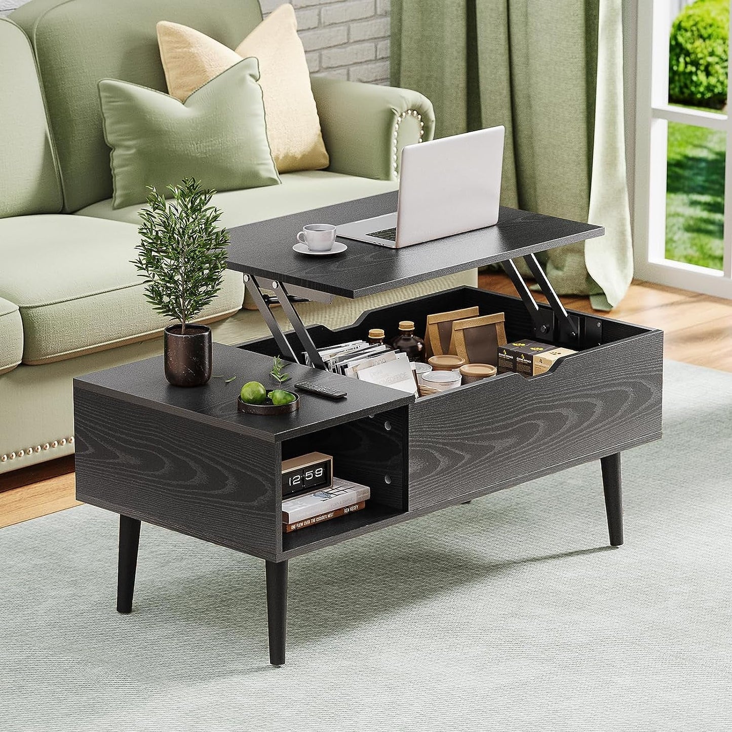 Black Wood Lift Top Coffee Table With Hidden Compartment